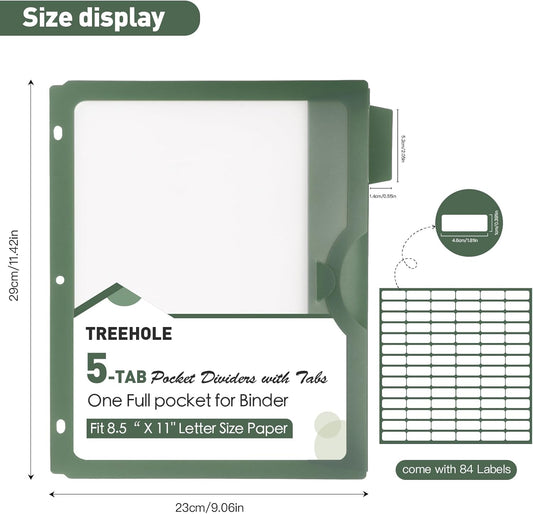 5-Tab 1 Set Binder Divider with One Full Pocke Dividers for 3 Ring Binder, Clear View Recipe Binder Dividers for US Letter Size 8.5 x 11' Index Dividers for Office, School Morandi Color
