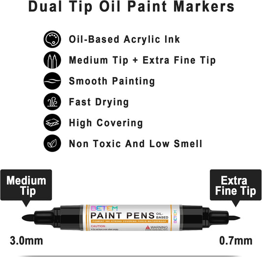 Betem 4 Count Dual Tip Oil Based Black White Paint Pen(0.7mm & 3mm), White Permanent Marker Black Paint Markers, Waterproof, Quick Dry, for Fabric, Rock Painting, Wood, Plastic, Ceramic, Metal, Canvas