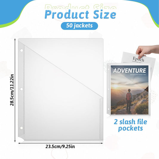 50 Pcs 3 Hole Punch Clear Plastic Document Folders, Binder Dividers with Pockets Waterproof Binders Sleeves Poly Slash File Jackets for Home Office Document Organizer (Transparent)