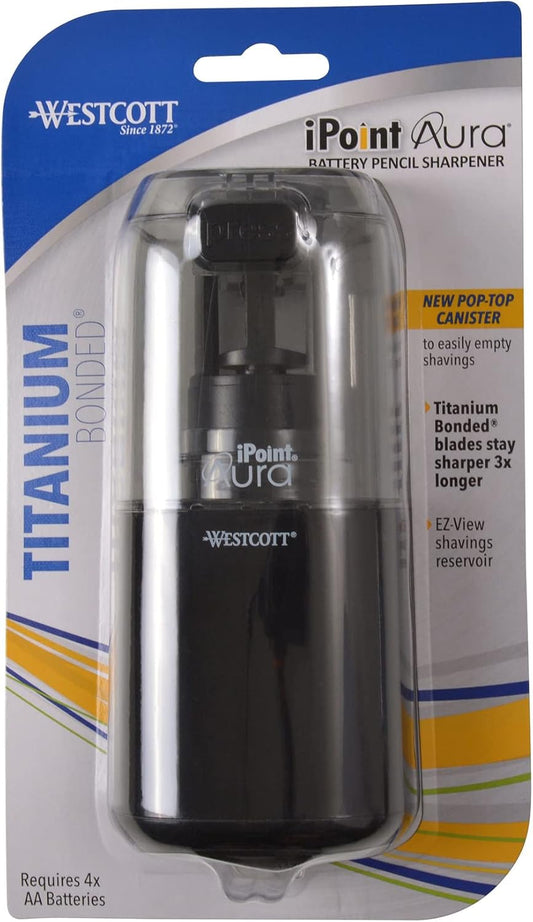 Westcott 17794 iPoint Stratus Battery Pencil Sharpener with Titanium-Bonded Blades and Pop-Top Canister for School, Office, and Home, Assorted Colors