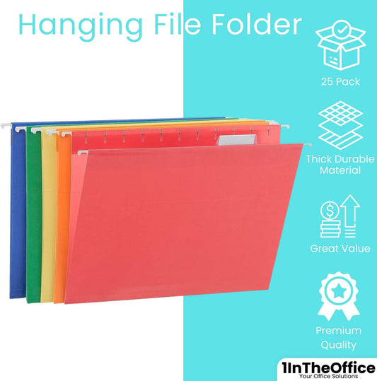 1InTheOffice Hanging File Folders Letter-Size, Reinforced Hanging Folders with Hook, 5-Tab Hanging Folders, Assorted Color, 25/Pack