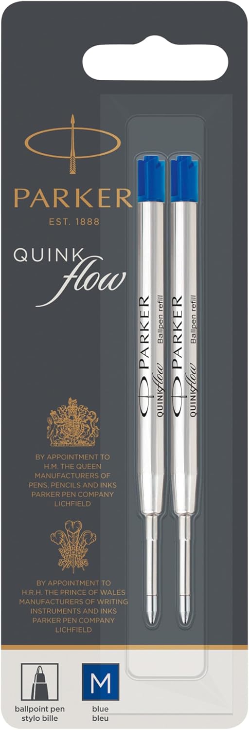 PARKER QUINKflow Ballpoint Pen Ink Refill, Medium Tip, Blue, 2 Pack