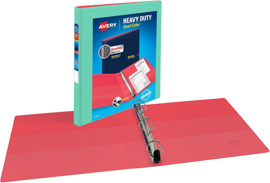 Avery Heavy-Duty Dual Color 3 Ring Binder, 0.5" One Touch Slant Rings, 135-Sheet Capacity, 0.7 Inch Wide Spine, Home, School Supplies, Office, or Organization Needs, Mint/Coral Binder (17881)