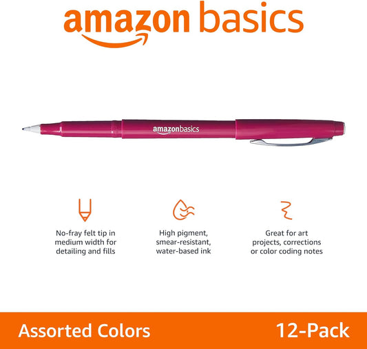 Amazon Basics Felt Tip Marker Pens, Assorted Colors, for Art Projects, Writing, Drawing, and Journaling, 12-Pack