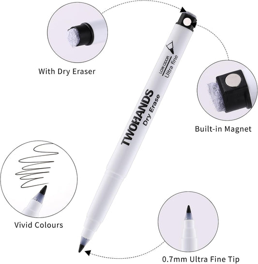 TWOHANDS Magnetic Dry Erase Markers Ultra Fine Tip,Extra Fine Point Thin Whiteboard Markers with Eraser for Office,Home or Planning, Fine Point Low Odor,11 Assorted Colors,0.7mm,12 Count,20659
