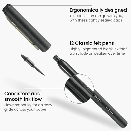 ARTEZA Black Felt Tip Pens, Pack of 12, 1.0–1.5 mm Fiber Tip, Quick-Drying Water-Based Ink, Art Supplies for School, Office, and Home
