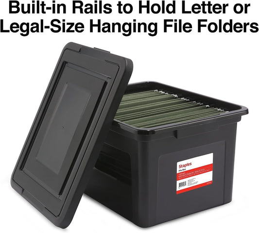 STAPLES File Folder Tote, Portable Filing Box for Letter SIze Hanging Folders, Security Latch & Built-In Lid Organizer, Black/Clear