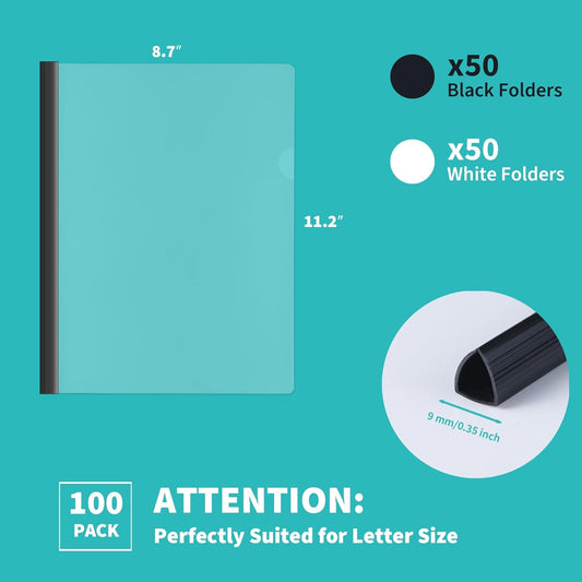 Binditek 12 Pack Heavyduty Clear Report Covers with Sliding Bars, 110 Sheet Capacity, 15mm Sliding Bar File Folder, Letter Size, 8 Mil Thick, Black, for Students and Coworkers