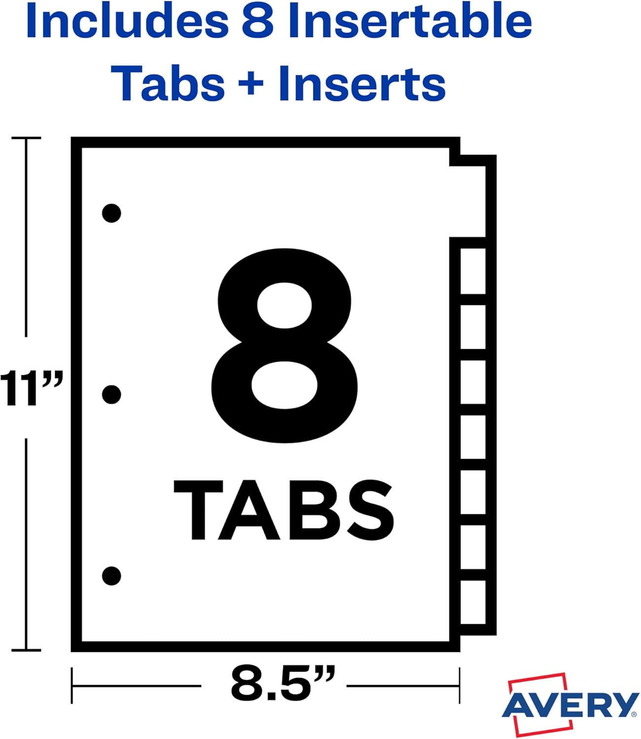 Avery Dividers for 3 Ring Binders, 8-Tab Plastic Binder Dividers Insertable Big Tabs, Multicolor, 1 Set (11901)