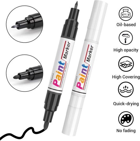 Dual Tip Paint Pens Paint Markers, 4 White & 4 Black Oil Based Permanent Markers - 0.7mm Extra Fine Tip, Waterproof, Quick-drying, Good Coverage for Rock, Metal, Tire, Plastic, Wood, Glass, Fabric