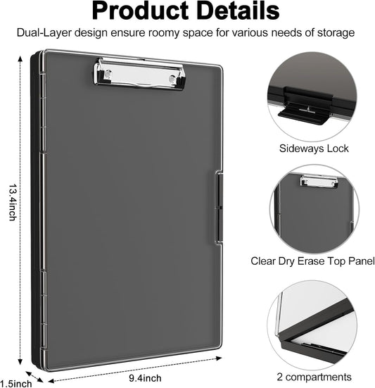 Piasoenc Clipboard with Storage, 8.5 x 11 Clip Boards with 2 Storage Case and A4 Paper Folder, Clear Dry Erase Top Panel, Heavy Duty Plastic, Folio & Side Opening, for Nurses, Teachers, Lawers,Black