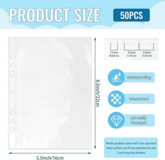 VOKOY 100 Pack 5.5x8.5 Inch Sheet Protectors for 3 or 6 Ring A5 Binder, Half Letter Size 7 Holes Mini Heavy-Duty Sheet Protector Sleeves Crystal Clear Playbill Binder Pockets