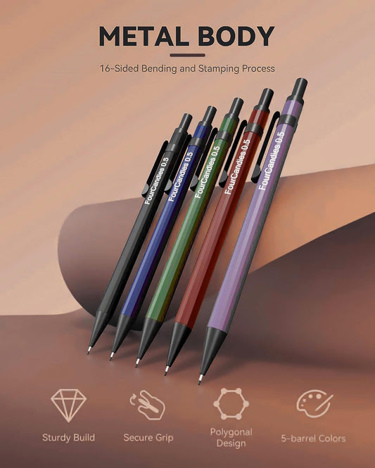 Four Candies Metal Mechanical Pencils 0.7mm, with #2 Pencil Leads 0.7, Eraser Set and Eraser Refills, 19-Count Pack with Case, Back to School Supplies for Writing, Drawing, Sketching