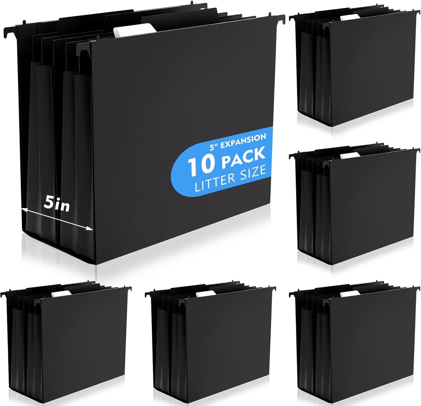 5 Pcs Plastic Extra Capacity Hanging File Folders, 5 Inch Expanding Pocket with Movable Dividers, Letter Size Black File Folders with Insertable Tabs for Filing Cabinet