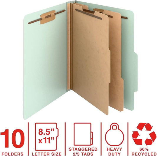 Staples Heavy‑Duty Pressboard Classification Folder, Letter Size, 2 Dividers, 2″ Expansion, Green, Durable Construction, 10/Pack