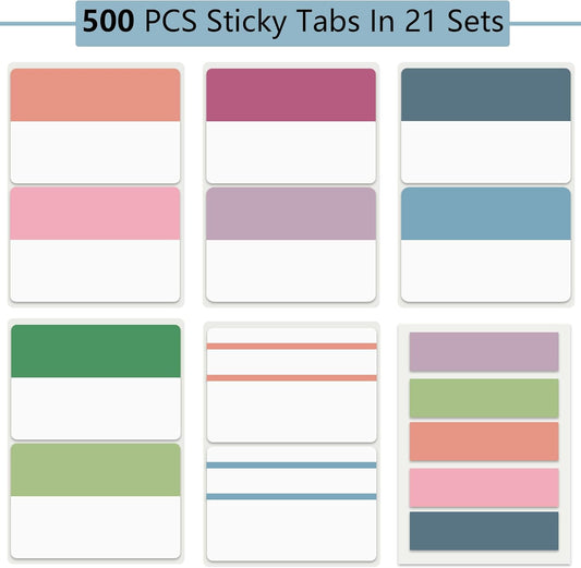 500 Pieces Tabs 2 Inch Sticky Index Tabs, Writable and Repositionable File Tabs Flags Colored Page Markers Labels for Reading Notes, Books and Classify Files, 21 Sets 10 Colors (Index Tabs)