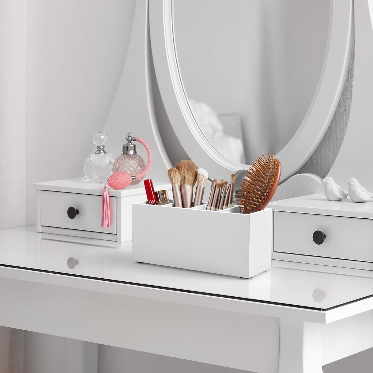 Bivvclaz Pencil Pen Holder for Desk, Wooden Office Desk Organizers and Accessories with 4 Slots for Countertop, Makeup Brush Holder Organizer for Bathroom Vanity, Silverware Caddy for Party, White