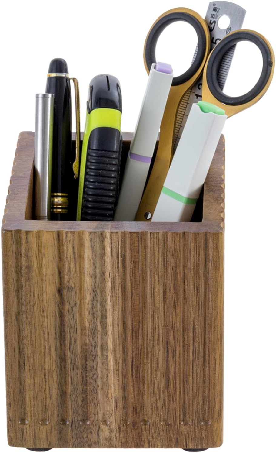 MyGift Premium Acacia Solid Wood Pen Pencil Cup with Textured Fluted Design, Desktop Wooden Office Supply Organizer Holder