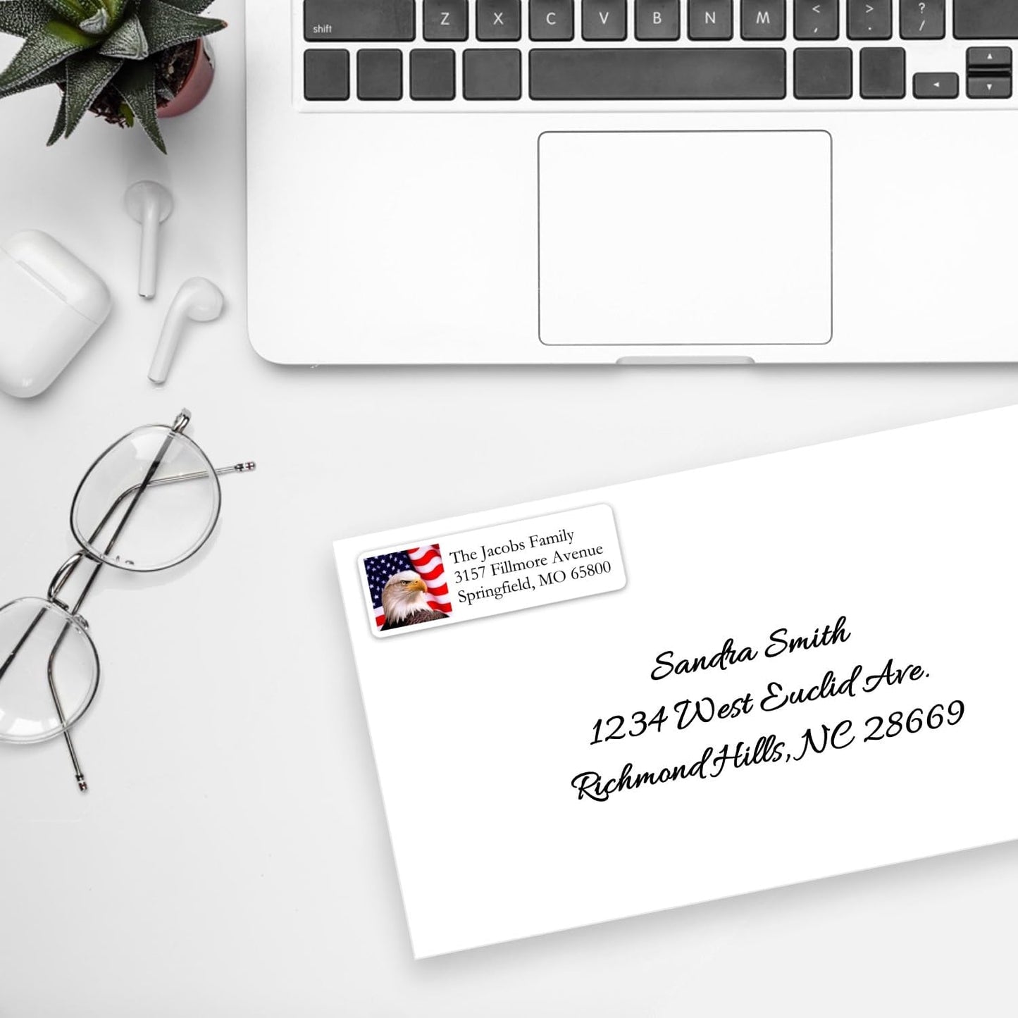 Return Address Labels American USA Flag & Eagle - Custom Mailing Return Address Labels/Stickers for Envelopes, Easy Peel and Stick, Permanent Rectangle Labels (White) Made in The USA (Set of 60)