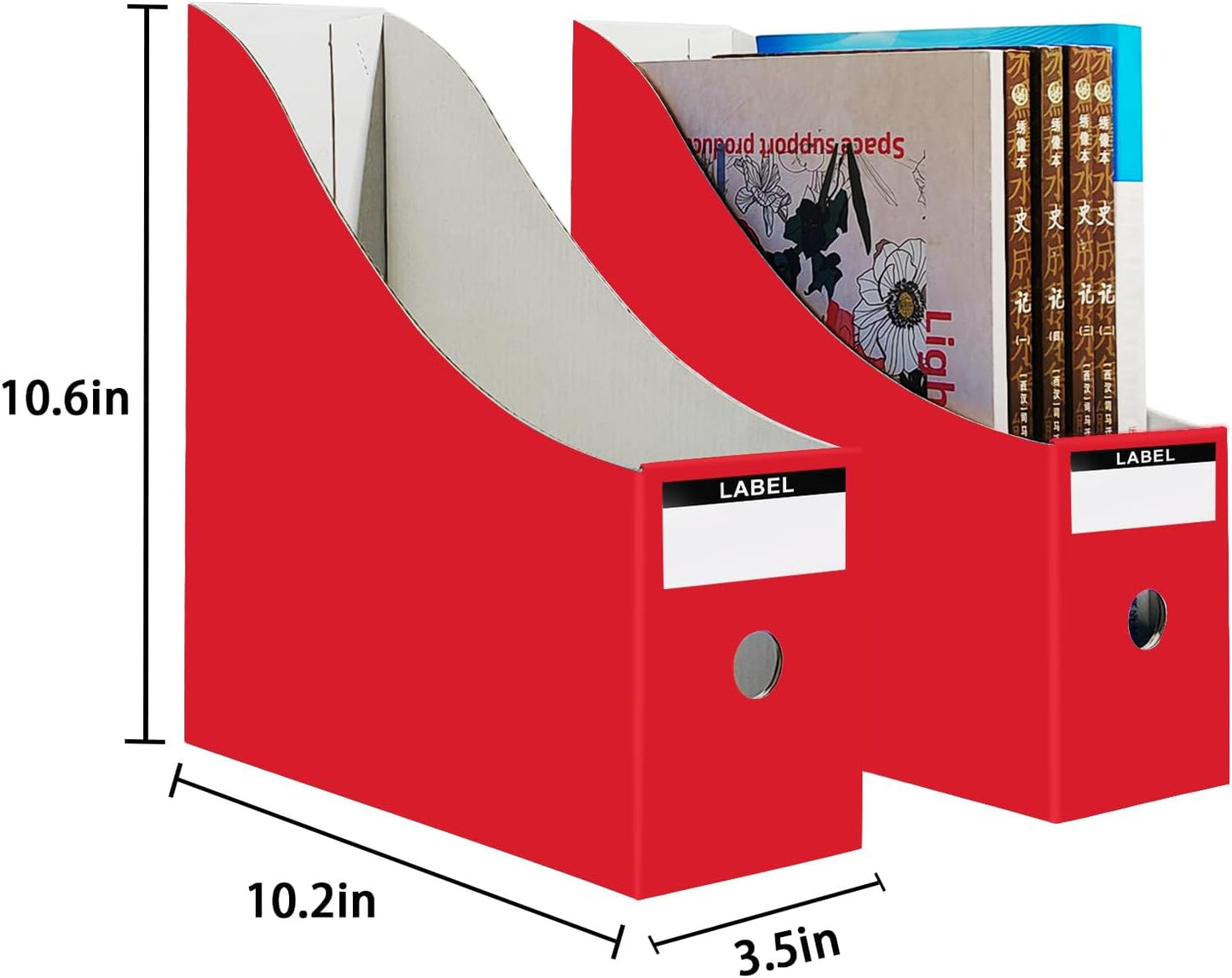 Limitliho 2 Pack Black Cardboard Magazine File Holder for Desktop, Book Bins for Classroom Library, Office or Home, Vertical Paper Boxes for Storage with Label(10.6" H x 10.2" L x 3.5" W in)