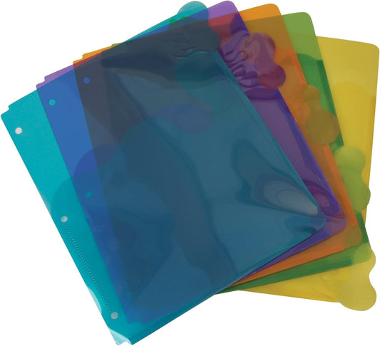Wilson Jones View-Tab Transparent Dividers, Student Index with Pockets, 5-Tab Set, Multicolor Tabs (W55082)