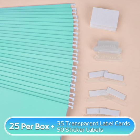 25-Pack Green Hanging File Folders, Letter Size (8.5" x 11") with 1/5-Cut Tabs,Includes 35 Transparent Label Cards & 50 Sticker Labels for Home & Office Organization