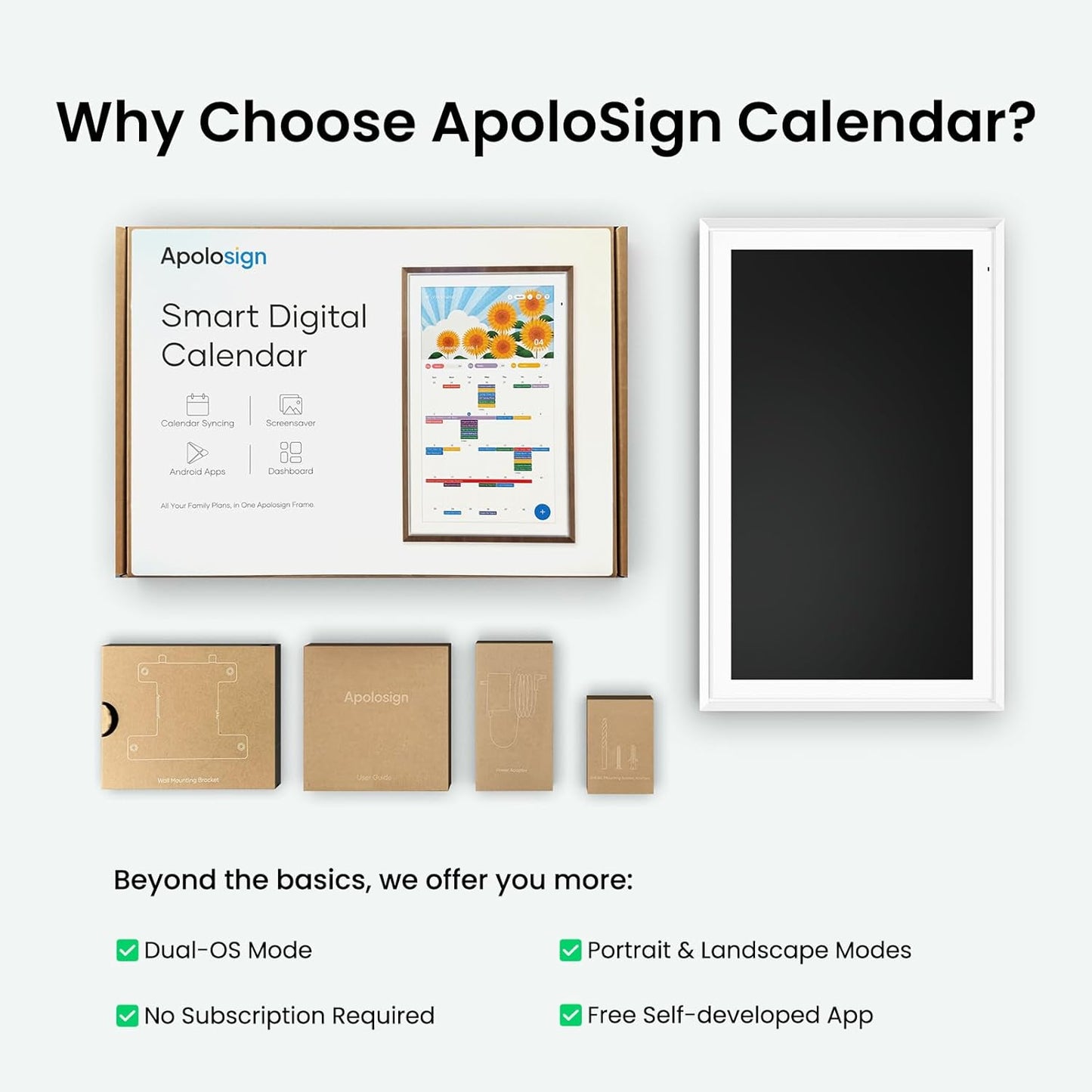 Apolosign 21.5-inch Digital Calendar : Dual Mode Smart Wall Planner, No Subscription, Install Apps, Sync Calendars, Electronic Touchscreen Interactive Display for Family Schedules, Chore Chart (Teak)