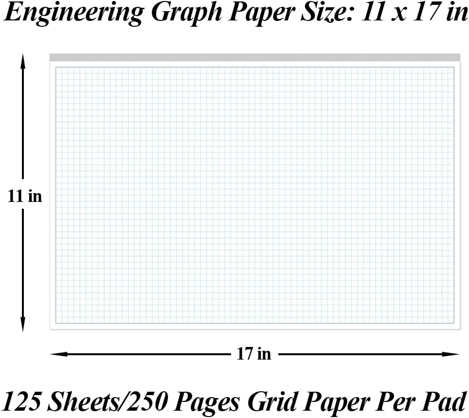 Engineering Graph Paper Pads, 11x17 Quadrille 25 Sheets/50 Pages Grid Paper for Drafting, Engineering, Blueprint Drawing, 4x4 Blue Quad Rule, 100gsm White Paper
