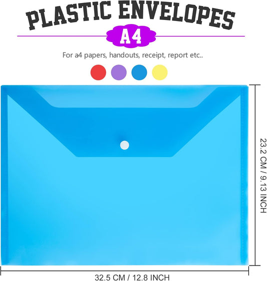 LEOBRO File Folders, 24 PCS Plastic Folders for Documents, A4 Plastic Envelopes with Snap Closure, Letter Size Clear Envelopes Folders, Reusable File Bags, Document Holder