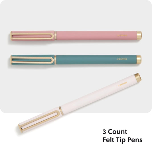U Brands Catalina Felt Tip Pens with Rose Gold Accents, Medium (0.7 mm) Point, Black Ink, Set of 3, Fashion Soft Touch