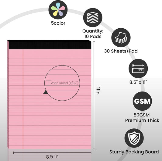 5pcs Legal Pads 8.5 x 11, Notepads 8.5 x 11 Inch,30 Sheets/Pack, Color Note Pads Clear Print Writing Pads of Paper, Memo Pads , Perforate Legal Notepads Paper , Wide Ruled Lined with Sturdy Back