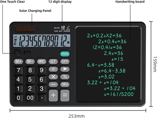 Desk Calculator with Erasable Writing Pad, 12-Digit Wide Screen Display, 100,000+ Reusable LCD Notepad, One-Click Clear & Lock Function, Solar and Battery Dual Power for Office,School,Business (Black)