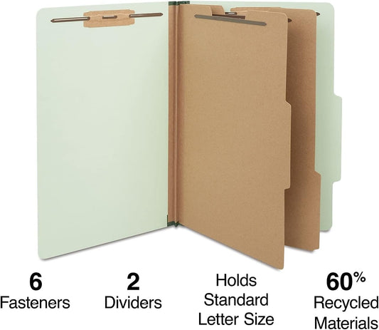 Staples Pressboard Classification Folder, Legal Size, 2 Dividers, 2.5″ Expansion, Light Gray/Green, Durable Construction, 20/Carton