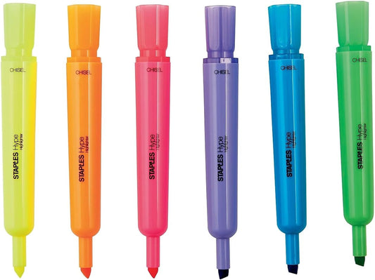 STAPLES Tank Highlighters, Chisel Tip, Assorted Colors, 36 Pack – Hype Bold Ink Highlighting Markers for High‑Volume Office & School Use