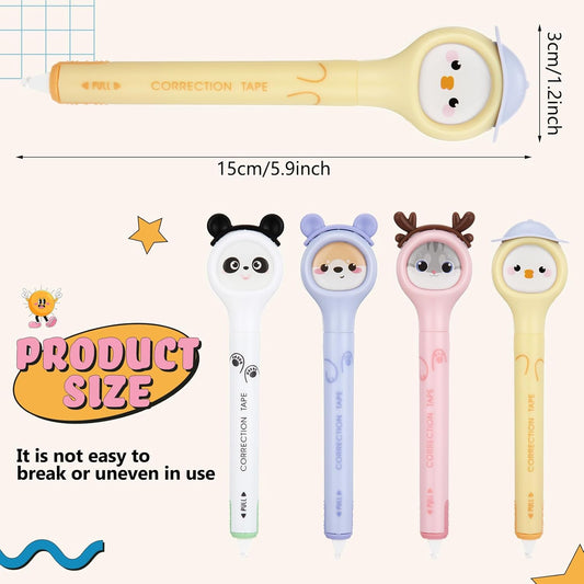 Fullhawl 4 Pcs Cute Correction Tape Pen for Instant Correction Cartoon Correction Tape Easy to Use Pen Shaped Applicator Kawaii Birthday Gifts for Women Office Supplies Small Gift Animal Lovers