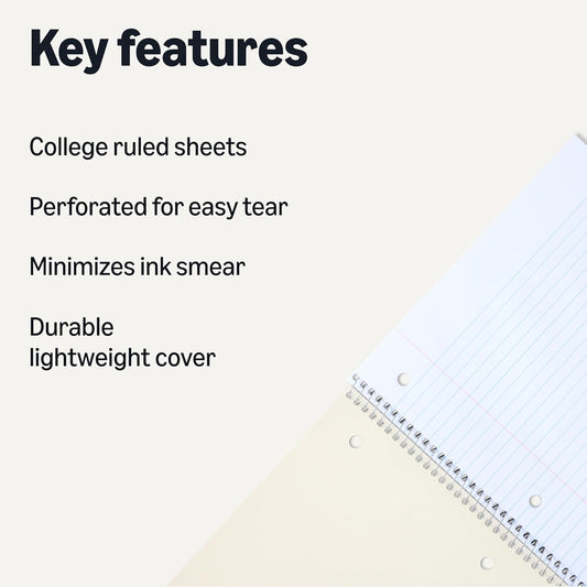 Amazon Basics College Ruled Spiral Notebooks, 70 Sheets, 8" x 10.5", Perforated Pages, Assorted Primary Solid Colors, 3-Pack