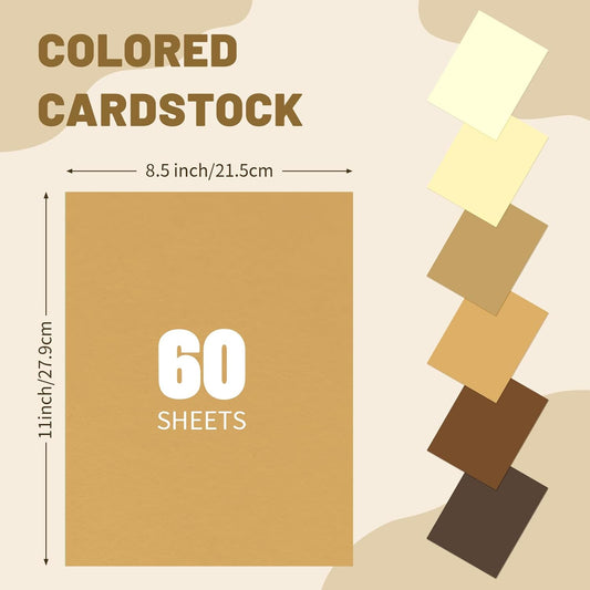 60 Sheets 8.5" x 11" Brown Colored Cardstock, 6 Assorted Shades 250GSM/92lb Thick Construction Paper for Printer, Card Making, DIY Crafts, Scrapbooking, Invitations & Party Decorations
