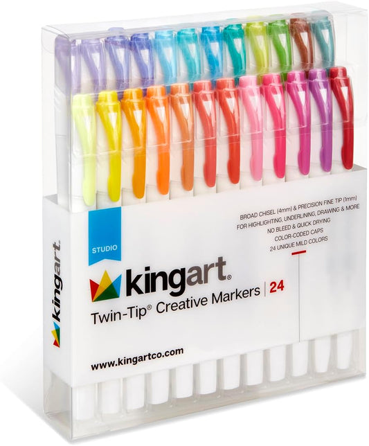 KINGART Studio Twin-Tip Highlighters (24 Unique Soft Pastel Colors). Double-Ended: Broad Chisel & Fine Tips. Quick-Dry, No-Bleed Water-Resistant Ink for Journaling/Art.