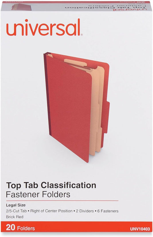 Six-Section Classification Folders, Heavy-Duty Pressboard Cover, 2 Dividers, 6 Fasteners, Legal Size, Brick Red, 20/Box