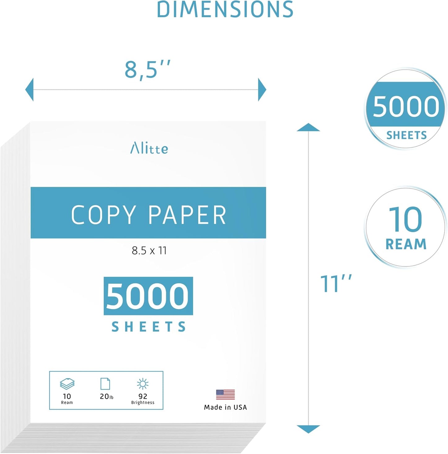 Printer Paper - 8.5 x 11 White Letter Size Copy Paper, 1 Ream 500 Sheets 20 lb Printing Paper for Documents Writing, Drawing, Smooth, 92 Bright | Home, School, Office Supplies | Made in USA