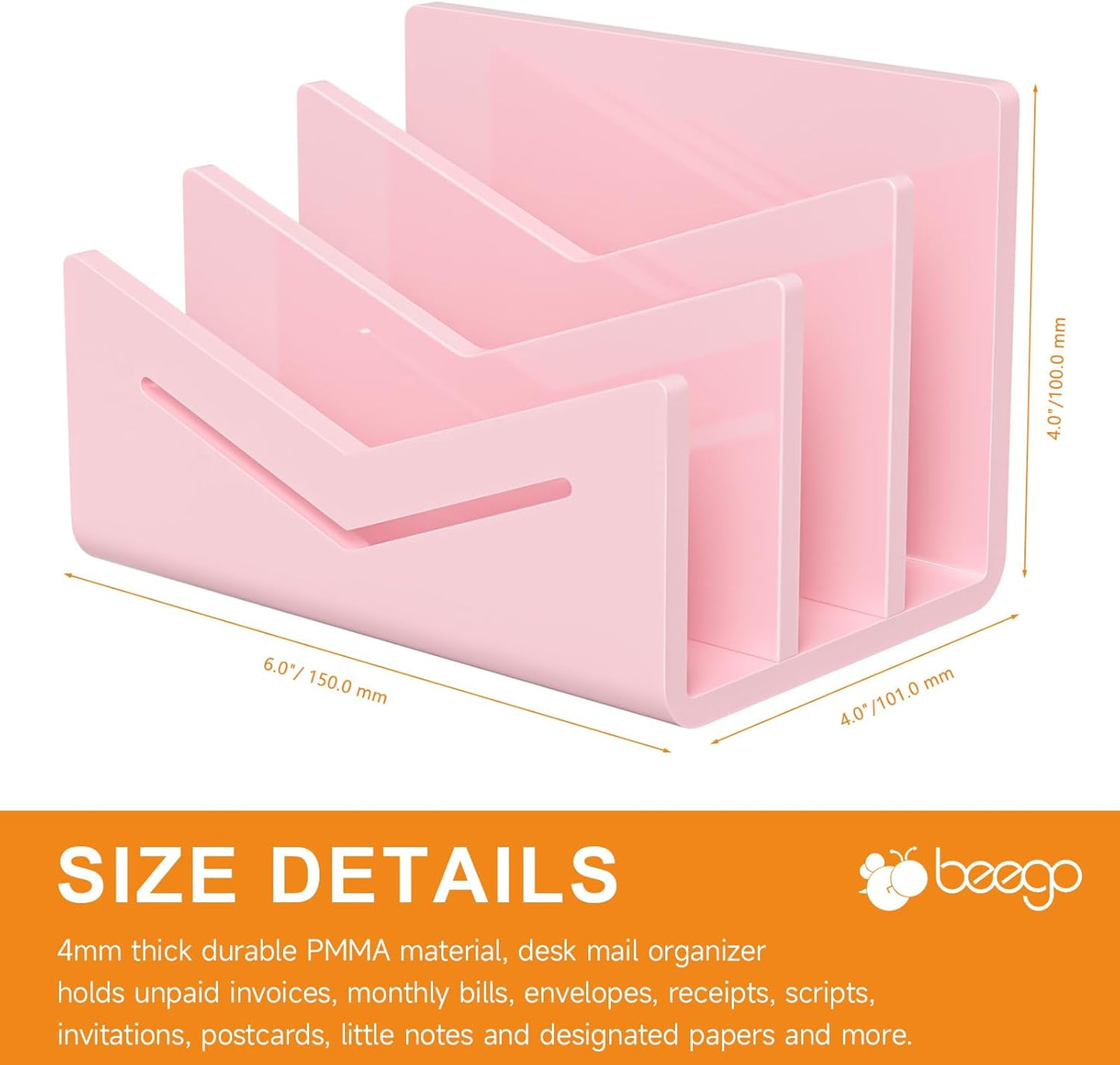 Beego Envelope and Mail Organizer Countertop - 3 Compartments Black Acrylic Desk Organizer Letter Holder Desktop File Sorter Bill Document Folder Rack for Office, Home, School Desk Organization