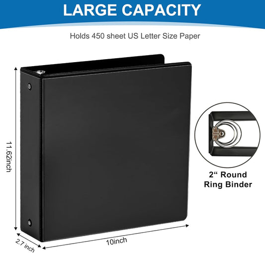 2 Inch 3-Ring Binder, 2" Round Ring Binder with 2 Inside Pockets, 6 Pack Black Binders, Clear View Cover, Holds Up to 450 Sheets 8.5" x 11" Paper,Study Binders for Office/Home/Back to School