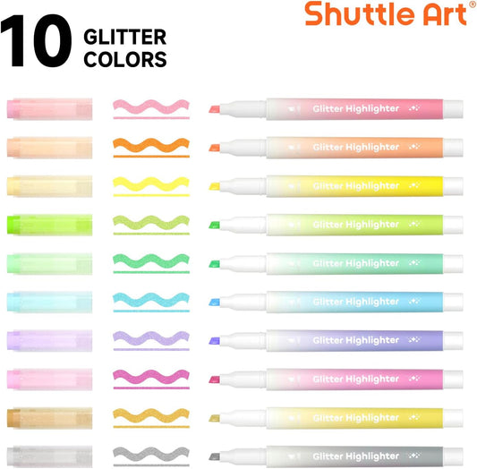 Shuttle Art Glitter Highlighters, 10 Sparkle Colors Chisel Tip Fluorescent Markers, Quick-Dry Non-Toxic Aesthetic Shimmer Highlighter Pens for Adults, Perfect for School Office Art Supplies