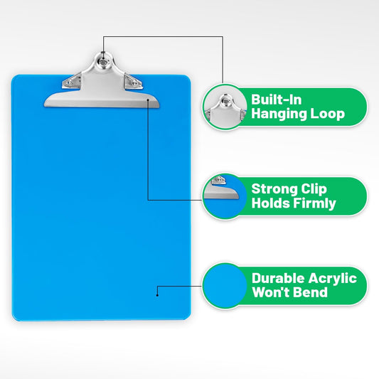 Plastic Clipboards with Low Profile Clip Set of 6-12.5 x 9 Inch Multi Color Plastic Clipboards Bulk - Clear Clip Boards Bulk Classroom Holds 100 Sheets, Acrylic Clipboard Clear 6 Pack