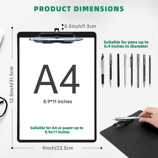 FRETONBA Clipboard with Pen Holder, 2 Pack Plastic Clipboard with Low Profile Metal Clip, Hanging Clip Boards Holds 8.5x11 Inch Papers, Standard A4 Letter Size Clip Boards for Offices & School, Green