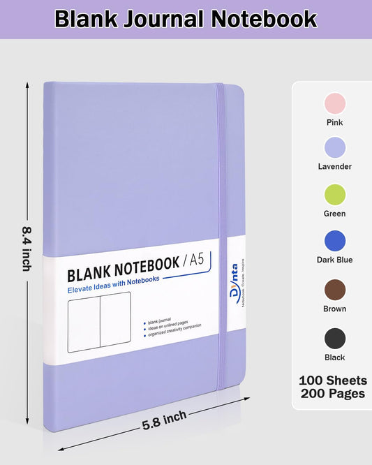 Dynta Blank Journal Notebooks for Women Men, 6 Packs A5 Hardcover Sketchbook, 200 Pages/100 Sheets Unlined Paper, 6 Colors, 5.8" x 8.4" Plain Journals bulk for Writing, Sketching, Drawing
