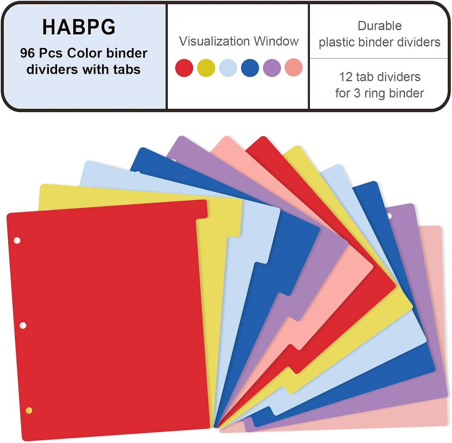 HABGP 12 Tab Dividers for 3 Ring Binder, 12 Pcs Multicolor 3 Ring Binder Dividers with Tabs, Page Folder Dividers, Plastic Tabbed File Dividers with Tabs, Three Ring Binder Index Dividers, 1 Set