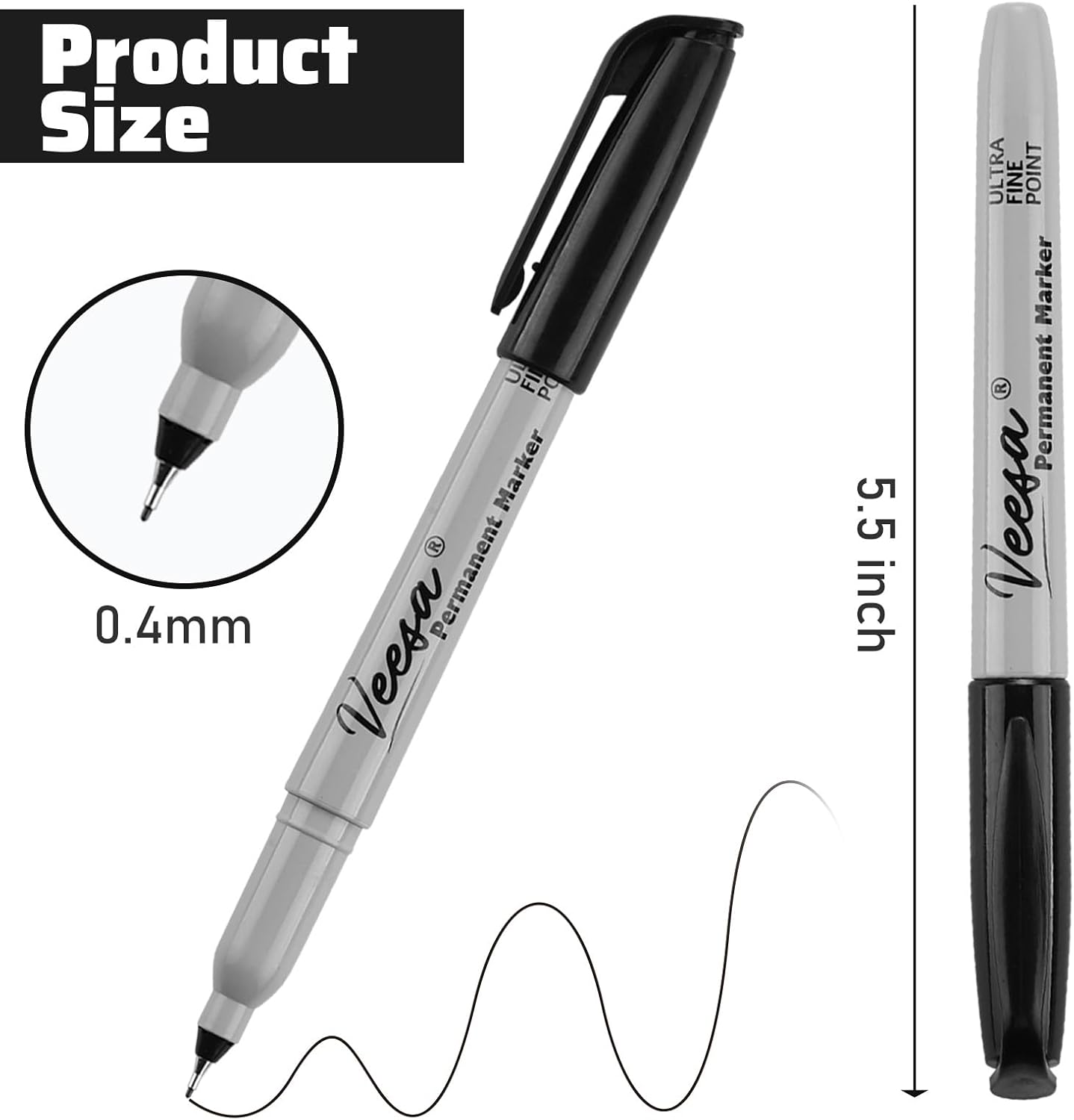VEESA Permanent Markers, Ultra Fine Point, Black, 60 Count, 0.4mm Thin Permanent Markers Bulk, 1 Second Quick Drying, Waterproof, Fade-Resistant