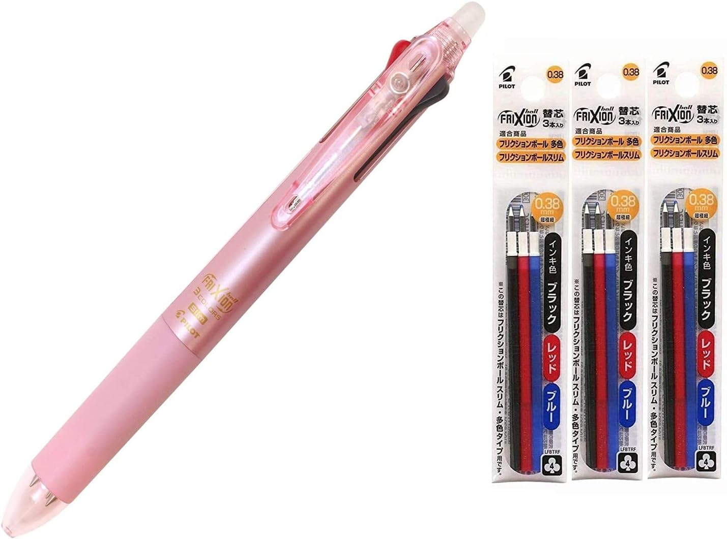 Pilot Erasable Ballpoint Pen Pearl Pink 0.38mm (LKFBS60UF-PP)+0.38mm Refill Black Blue Red 3 Set
