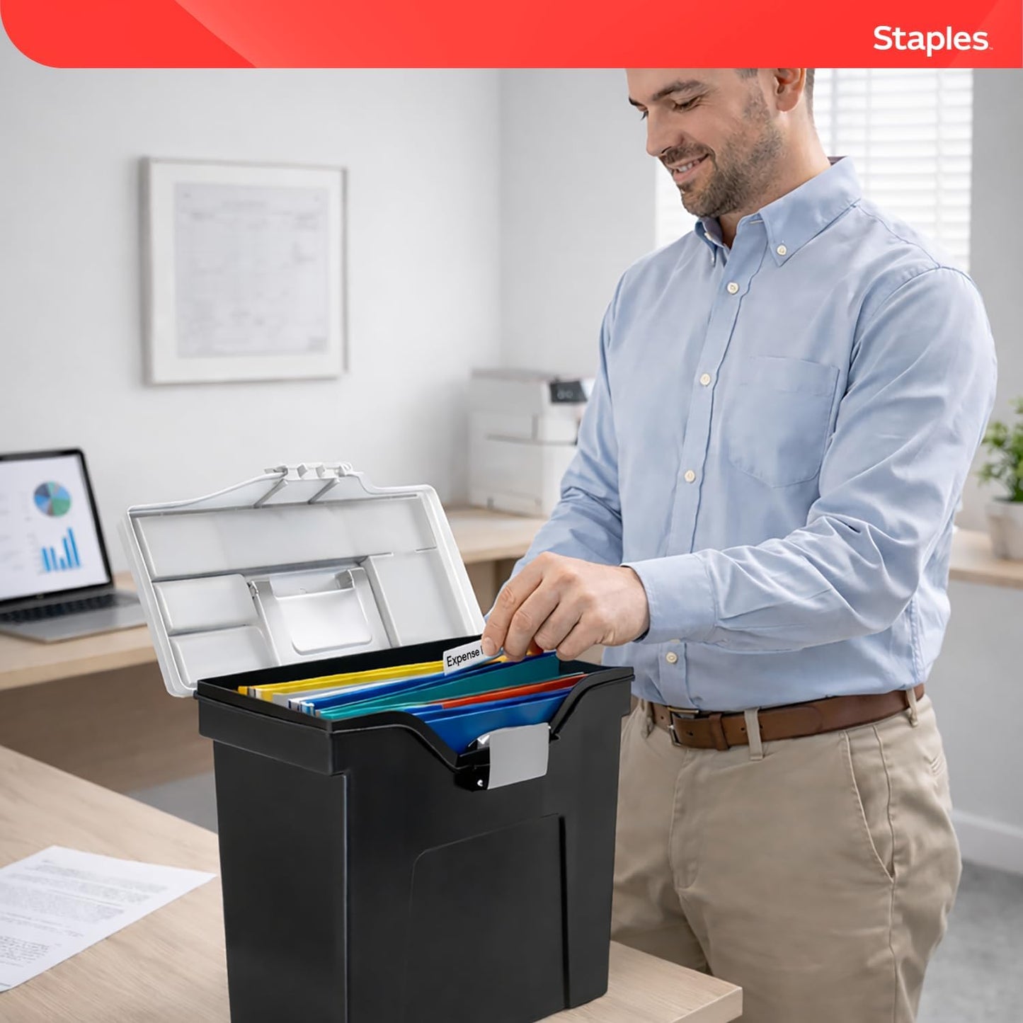 STAPLES File Folder Tote, Portable Filing Box for Letter SIze Hanging Folders, Security Latch & Built-In Lid Organizer, Black/Clear